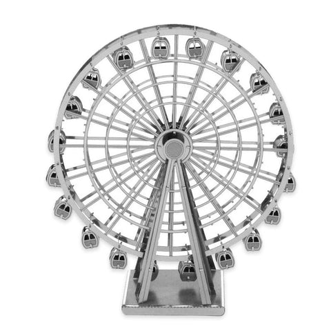 A 3D metal model kit of a Ferris wheel with laser-etched stainless steel parts.