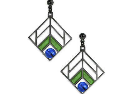 A pair of dangling earrings with a geometric chevron design in blue and green colors, with a hematite finish.