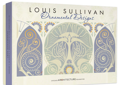 A box of Louis Sullivan Ornamental Design notecards with a patterned cover featuring floral and geometric designs.
