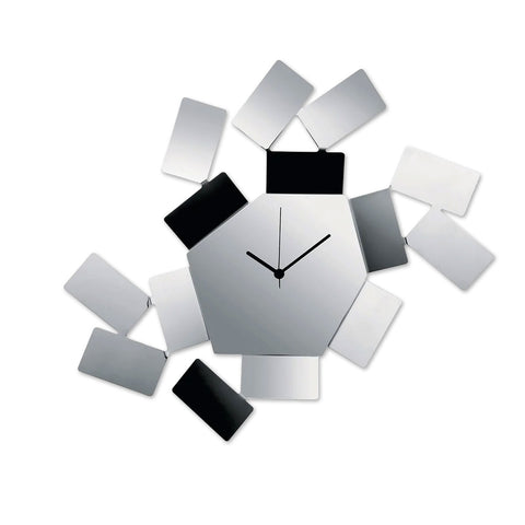 A wall clock with a geometric design made of stainless steel rectangles in various sizes, assembled together to form a clock face.