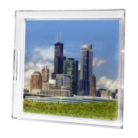 A square lucite tray with a photograph of the Chicago skyline on it, including buildings like Soldier Field and 875 N. Michigan Ave.