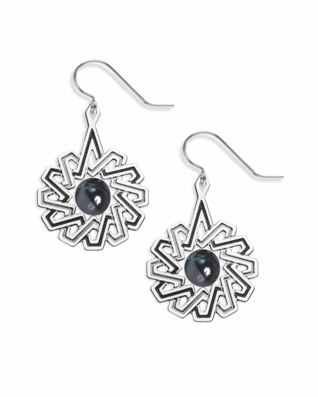 A pair of silver earrings featuring a geometric pattern with faux pearl accents and hypo-allergenic ear wires.