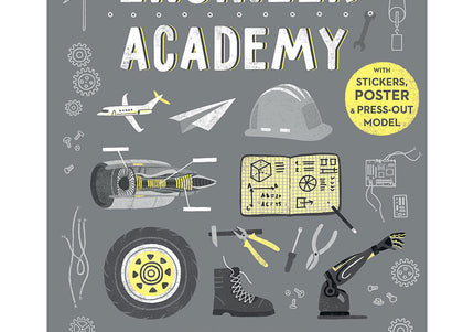 Cover of the book 'Engineer Academy' featuring illustrations related to engineering such as gears, a rocket, and a robot.