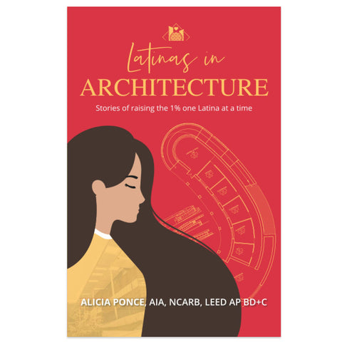 Cover of the book 'Latinas in Architecture' featuring a profile illustration of a Latina woman with architectural elements in the background.