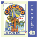 A mini jigsaw puzzle box featuring a vintage style illustration of Chicago with iconic landmarks and a stylized skyline.