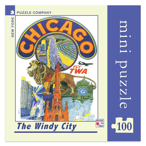 A mini jigsaw puzzle box featuring a vintage style illustration of Chicago with iconic landmarks and a stylized skyline.