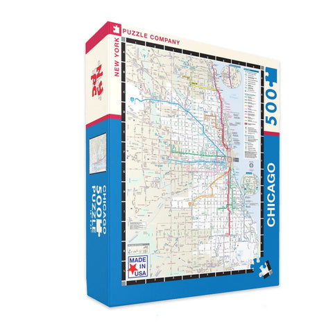 A puzzle box with a colorful map of the Chicago 'L' train system on it, indicating a 500-piece jigsaw puzzle inside.