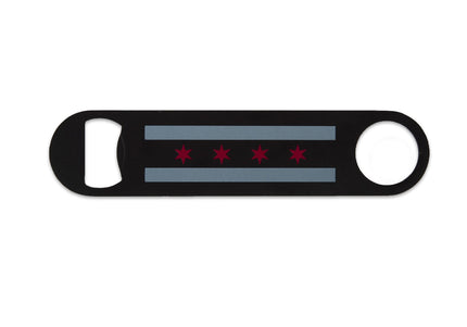Black bottle opener featuring the Chicago flag design elements of red stars and blue stripes.