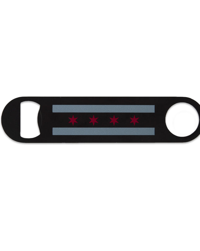 Black bottle opener featuring the Chicago flag design elements of red stars and blue stripes.