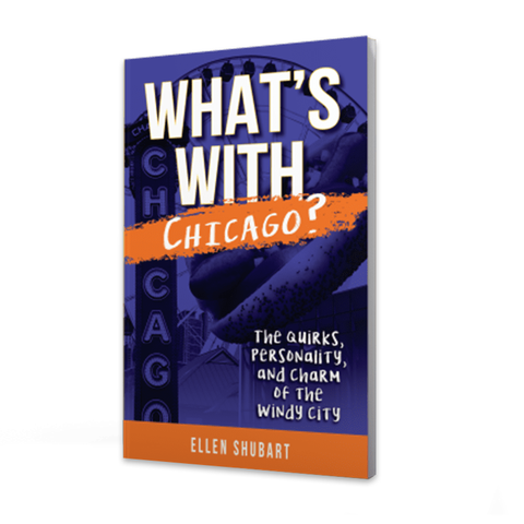 Cover of the book "What's With Chicago?" The cover has a dynamic graphic of the Chicago skyline set against a deep blue background.