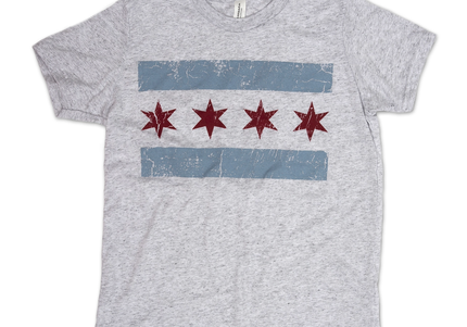A grey youth t-shirt featuring a distressed design of the Chicago flag with a visible pattern and the state's capital city's name in bold letters.