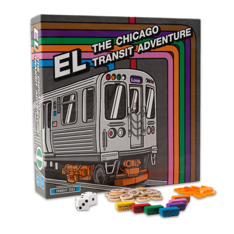 The image shows the board game 'EL: The Chicago Transit Adventure' with its packaging and game components displayed, including dice, train pawns, and transit tokens.
