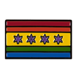 A black metal enamel pin with the Chicago pride flag colors and the city's flag stars and stripes design.
