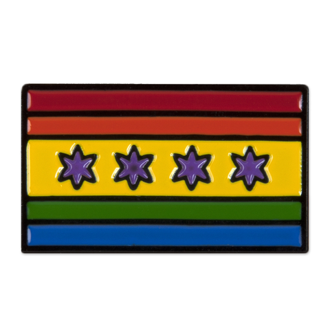 A black metal enamel pin with the Chicago pride flag colors and the city's flag stars and stripes design.