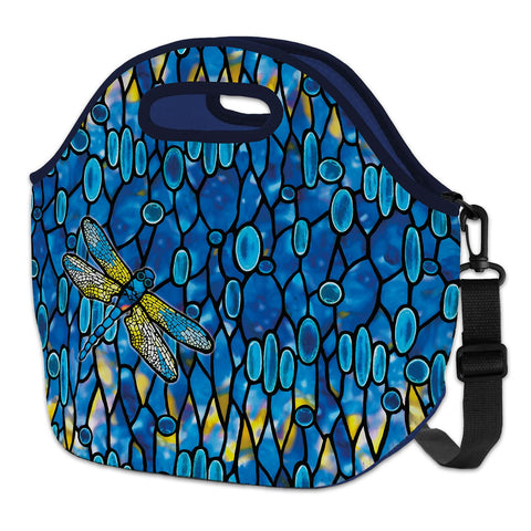 A neoprene lunch tote with a vibrant blue and yellow dragonfly pattern on a opalescent glass background, featuring a black strap and a zip closure.