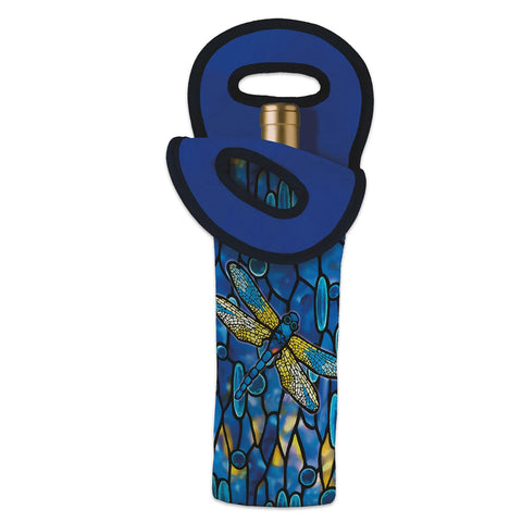 A blue neoprene wine bottle tote with a multicolored dragonfly design and a gold-tone cap.