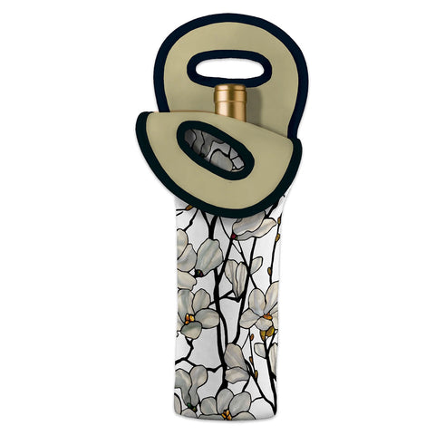A wine bottle tote with a Tiffany floral design, predominantly gray and black, with a gold-colored neck closure.