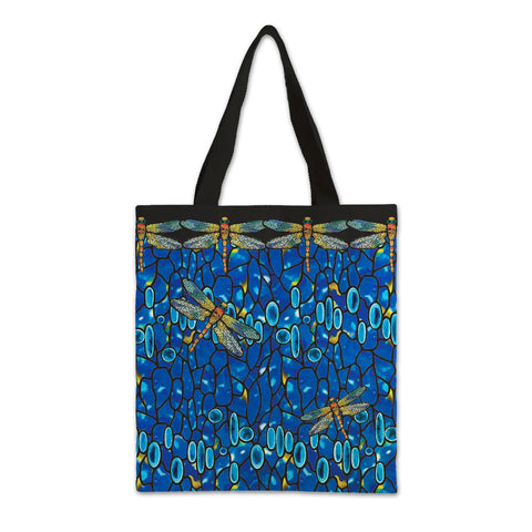 Canvas tote bag with a blue background and a pattern of dragonflies and plants.