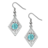 A pair of silver-colored earrings featuring a geometric pattern with glass beads and hypo-allergenic ear wires.