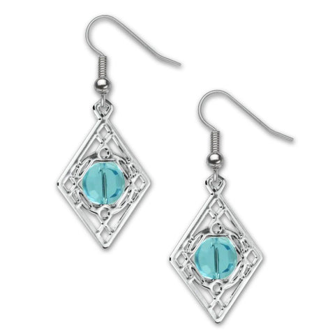 A pair of silver-colored earrings featuring a geometric pattern with glass beads and hypo-allergenic ear wires.