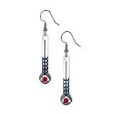 A pair of silver drop earrings with red bead accents, inspired by Frank Lloyd Wright's 'April Showers' design.