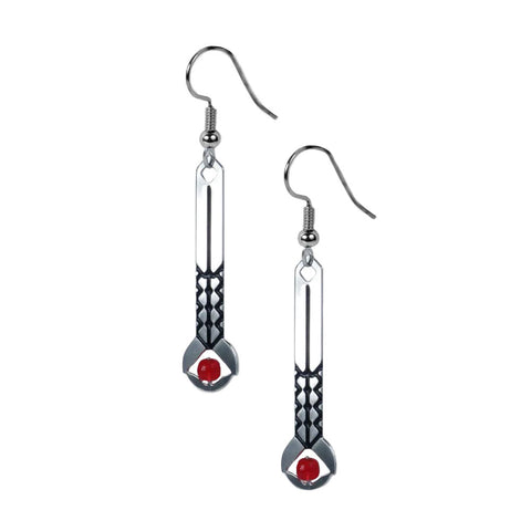A pair of silver drop earrings with red bead accents, inspired by Frank Lloyd Wright's 'April Showers' design.