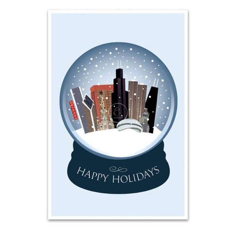 A holiday card featuring an illustration of a snow globe with Chicago landmarks inside, and a Christmas-themed design.