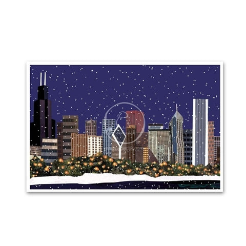 A holiday card featuring a stylized cityscape with snow on the ground and buildings, including a depiction of the Chicago skyline.