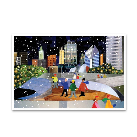 A holiday card featuring a snowy scene with people walking on a bridge, buildings in the background, and Christmas lights.