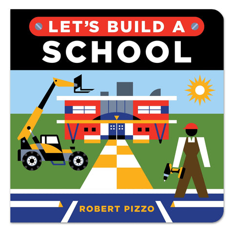 A colorful illustration of a school construction site with various vehicles and workers on the road and campus.