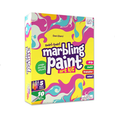 A colorful marbling paint art kit packaging with images of paint splashes.