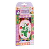 A pack of 12 color pencils in a box illustrated with strawberries and strawberry flowers.