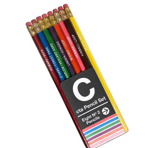 A set of 8 CTA pencils with different colors and train line names engraved on them.