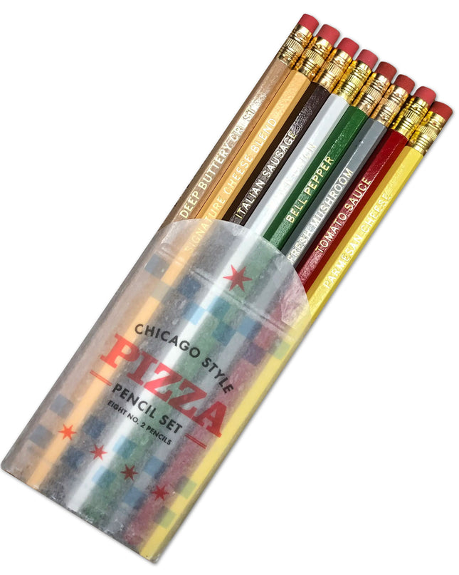 A set of 8 multicolored pencils with pizza toppings labels such as pepperoni, sausage, mushrooms, green peppers, onions, and tomato sauce, packaged in a clear case with 'Chicago Style Pizza Pencils' branding.
