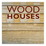 Cover of the hardcover book titled 'Wood Houses', featuring a wooden texture background with the title text in a large font.