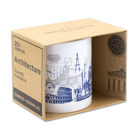 A white ceramic mug with blue architectural designs, packaged in a brown box.