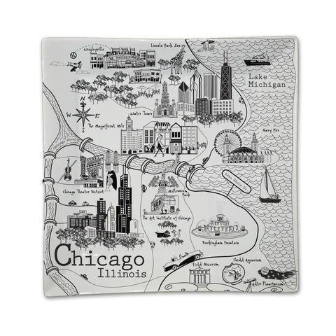 Chicago Black & White Map Large Square Plate