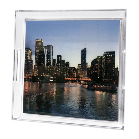 Chicago Skyline at Night Lucite Tray